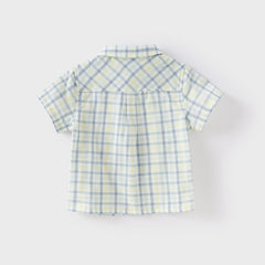 Dave&Bella Toddler Boys Summer Formal Blue Green Plaid College-style Cotton Shirt Tops