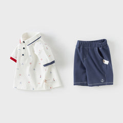 Dave&Bella Toddler Boys Summer Formal Cotton Polos Navy Blue Short Pant Sets