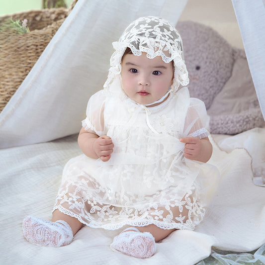 Dave&Bella Baby Girls Summer Beige Cotton Mesh Jumpsuit Romper