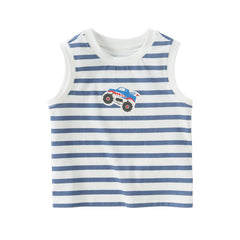 Dave&Bella Toddler Boys Summer Versatile Striped/Car Print Pure Cotton Tank Tops