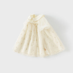 Dave&Bella Toddler Girls Summer Bubble Sleeve Beige Mesh Dress