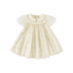 Dave&Bella Toddler Girls Summer Bubble Sleeve Beige Mesh Dress