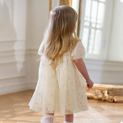 Dave&Bella Girls Summer Bubble Sleeve Beige Mesh Dress