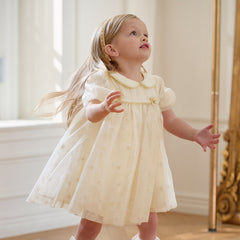 Dave&Bella Toddler Girls Summer Bubble Sleeve Beige Mesh Dress