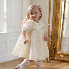 Dave&Bella Girls Summer Bubble Sleeve Beige Mesh Dress