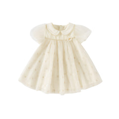 Dave&Bella Girls Summer Bubble Sleeve Beige Mesh Dress