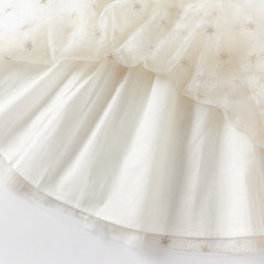 Dave&Bella Girls Summer Bubble Sleeve Beige Mesh Dress