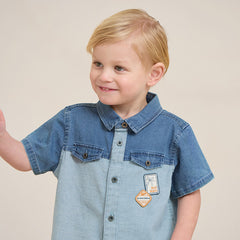 Dave&Bella Toddler Boys Summer Cool Denim Blue Color Block Shirt Top
