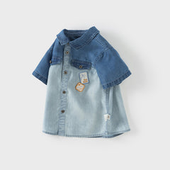 Dave&Bella Toddler Boys Summer Cool Denim Blue Color Block Shirt Top