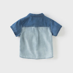 Dave&Bella Toddler Boys Summer Cool Denim Blue Color Block Shirt Top