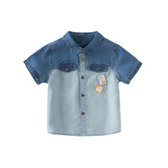 Dave&Bella Toddler Boys Summer Cool Denim Blue Color Block Shirt Top