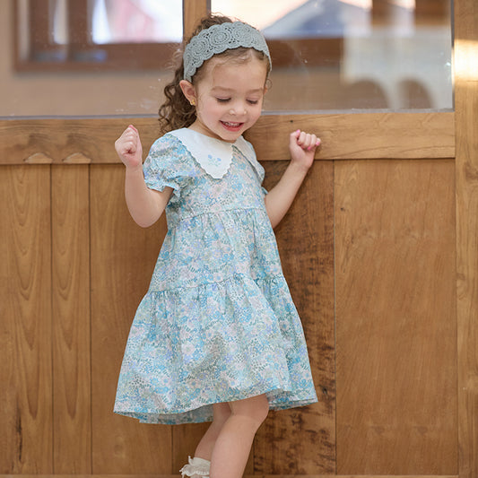 Dave&Bella Girls Summer Blue Floral Print Bubble Sleeve Dress