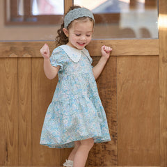 Dave&Bella Girls Summer Blue Floral Print Bubble Sleeve Dress