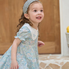Dave&Bella Girls Summer Blue Floral Print Bubble Sleeve Dress