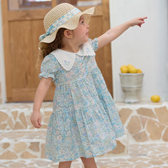 Dave&Bella Girls Summer Blue Floral Print Bubble Sleeve Dress