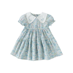 Dave&Bella Girls Summer Blue Floral Print Bubble Sleeve Dress