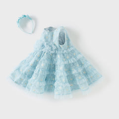 Dave&Bella Girls Summer Light Blue Sleeveless Lace Mesh Dress (hair band)