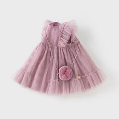 Dave&Bella Toddler Girls Summer Grey Purple Mesh Flutter Sleeve Dress (wallet bag)