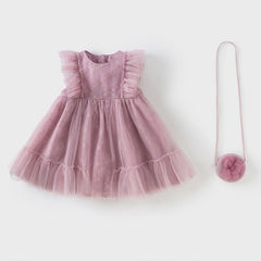 Dave&Bella Toddler Girls Summer Grey Purple Mesh Flutter Sleeve Dress (wallet bag)