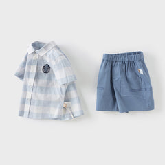 Dave&Bella Kids Boys Summer Blue Plaid College-style Shirt Short Sets