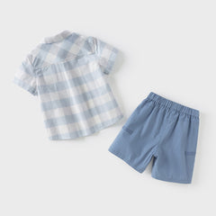 Dave&Bella Kids Boys Summer Blue Plaid College-style Shirt Short Sets