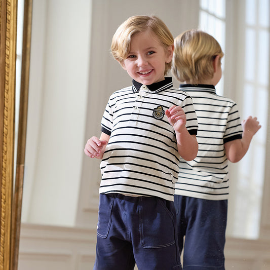 Dave&Bella Kids Boys Summer Black White Striped College-style Short-sleeved Polos