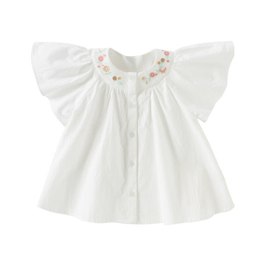 Dave&Bella Toddler Girls Summer Pure Cotton White Flutter Sleeve Cute T-shirts