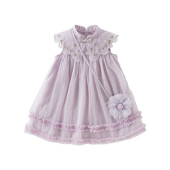 Dave&Bella Kids Girls Summer Pretty Sleeveless Grey Purple Flower Mesh Dress (wallet bag)