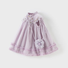 Dave&Bella Kids Girls Summer Pretty Sleeveless Grey Purple Flower Mesh Dress (wallet bag)