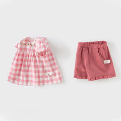 Dave&Bella Toddler Girls Summer Pink White Plaid Top Shorts Sets