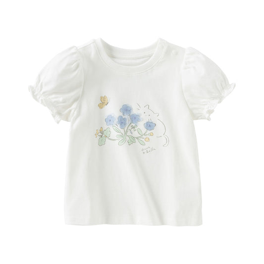 Dave&Bella Toddler Girls Summer Cute White Flower Print Breathable Cotton T-shirt Tops