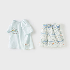 Dave&Bella Toddler Boys Summer Cotton Light Blue T-shirt Short Pant Sets