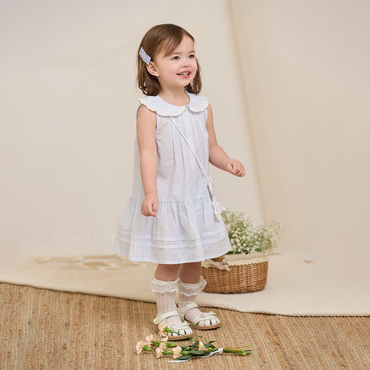 Dave&Bella Girls Summer Cotton Blue White Striped Cute Sleeveless Dress (wallet bag)