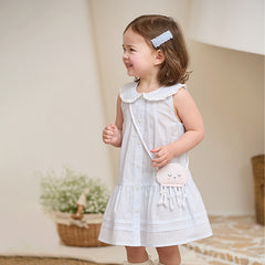 Dave&Bella Girls Summer Cotton Blue White Striped Cute Sleeveless Dress (wallet bag)