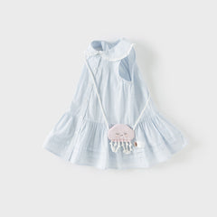 Dave&Bella Girls Summer Cotton Blue White Striped Cute Sleeveless Dress (wallet bag)