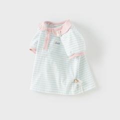 Dave&Bella Toddler Girls Summer Cotton Cute Blue White Striped Short Sleeve T-shirts