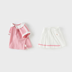 Dave&Bella Kids Girls Summer Candy Pink College Style T-shirt Pleated Skirt Sets