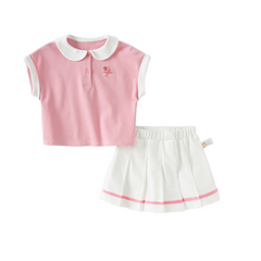 Dave&Bella Kids Girls Summer Candy Pink College Style T-shirt Pleated Skirt Sets