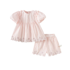 Dave&Bella Toddler Girls Summer Cotton Candy Pink Lace T-shirt Short Sets