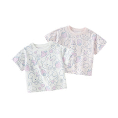 Dave&Bella Toddler Girls Summer White/Pink Rabbit Print Soft Cotton T-shirt Tops
