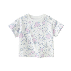 Dave&Bella Toddler Girls Summer White/Pink Rabbit Print Soft Cotton T-shirt Tops