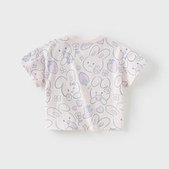 Dave&Bella Toddler Girls Summer White/Pink Rabbit Print Soft Cotton T-shirt Tops
