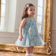 Dave&Bella Girls Summer Classical Green Printed Mesh Elegant Princess Dresses