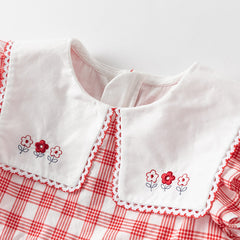 Dave&Bella Girls Summer Cotton Red White Plaid Turnover Collar Dress