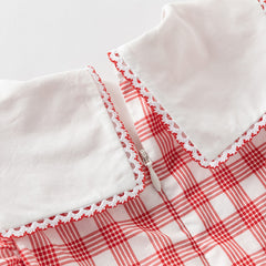 Dave&Bella Girls Summer Cotton Red White Plaid Turnover Collar Dress