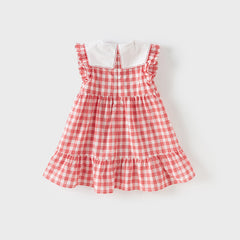 Dave&Bella Girls Summer Cotton Red White Plaid Turnover Collar Dress