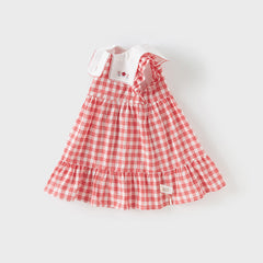Dave&Bella Girls Summer Cotton Red White Plaid Turnover Collar Dress