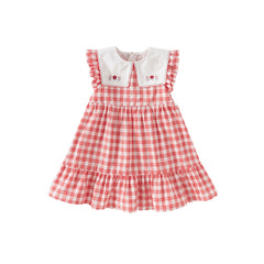 Dave&Bella Girls Summer Cotton Red White Plaid Turnover Collar Dress