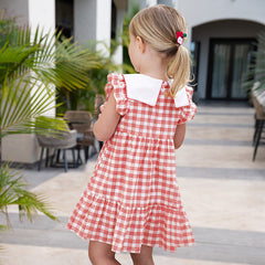 Dave&Bella Girls Summer Cotton Red White Plaid Turnover Collar Dress