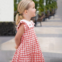 Dave&Bella Girls Summer Cotton Red White Plaid Turnover Collar Dress